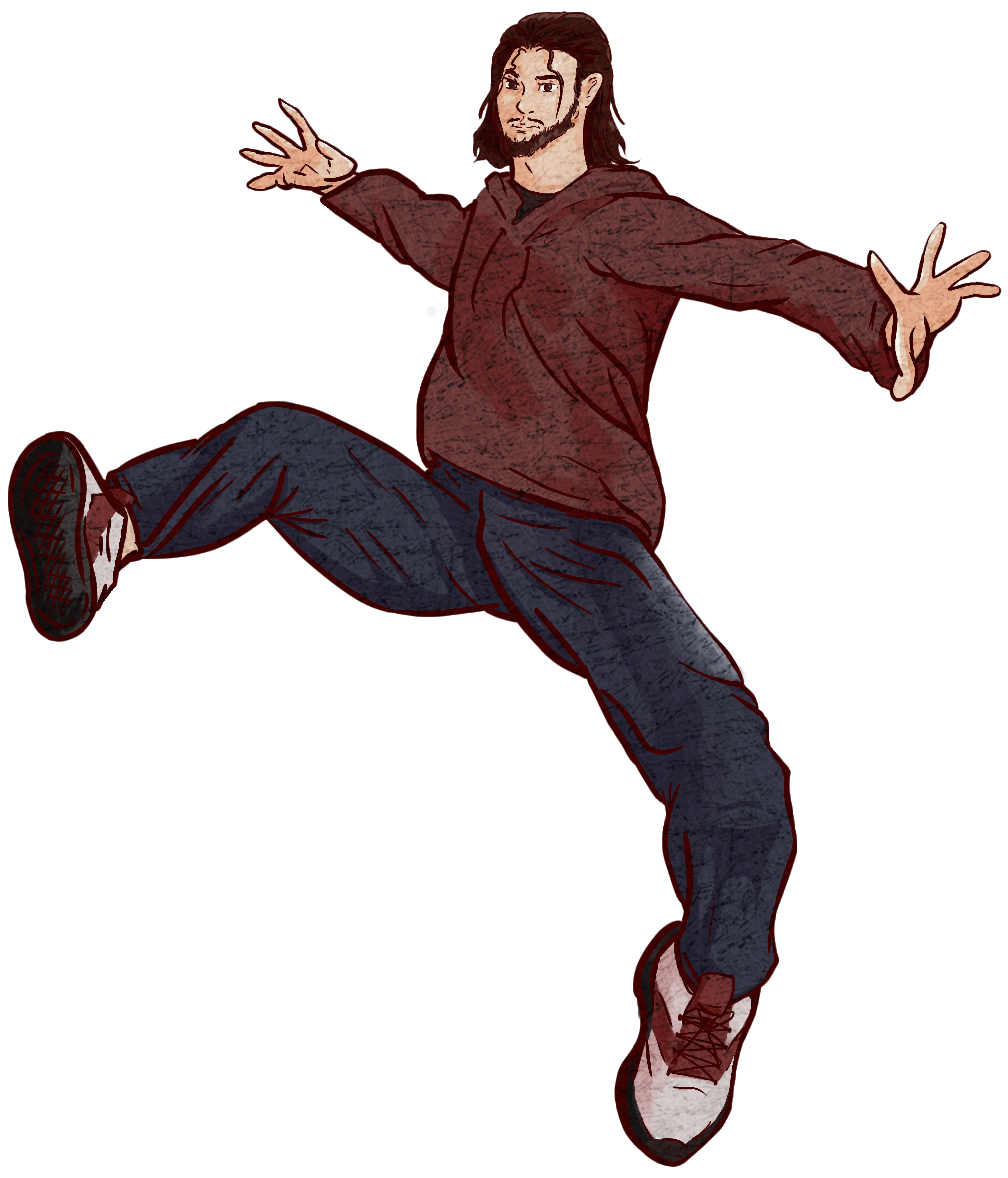 drawing of the author hitting the Toby Macquire pose