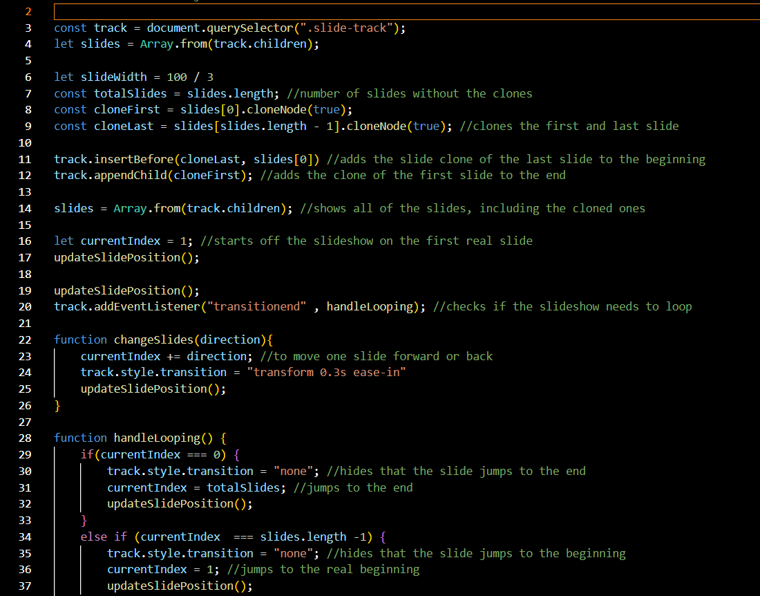 Screenshot of heavily commented js